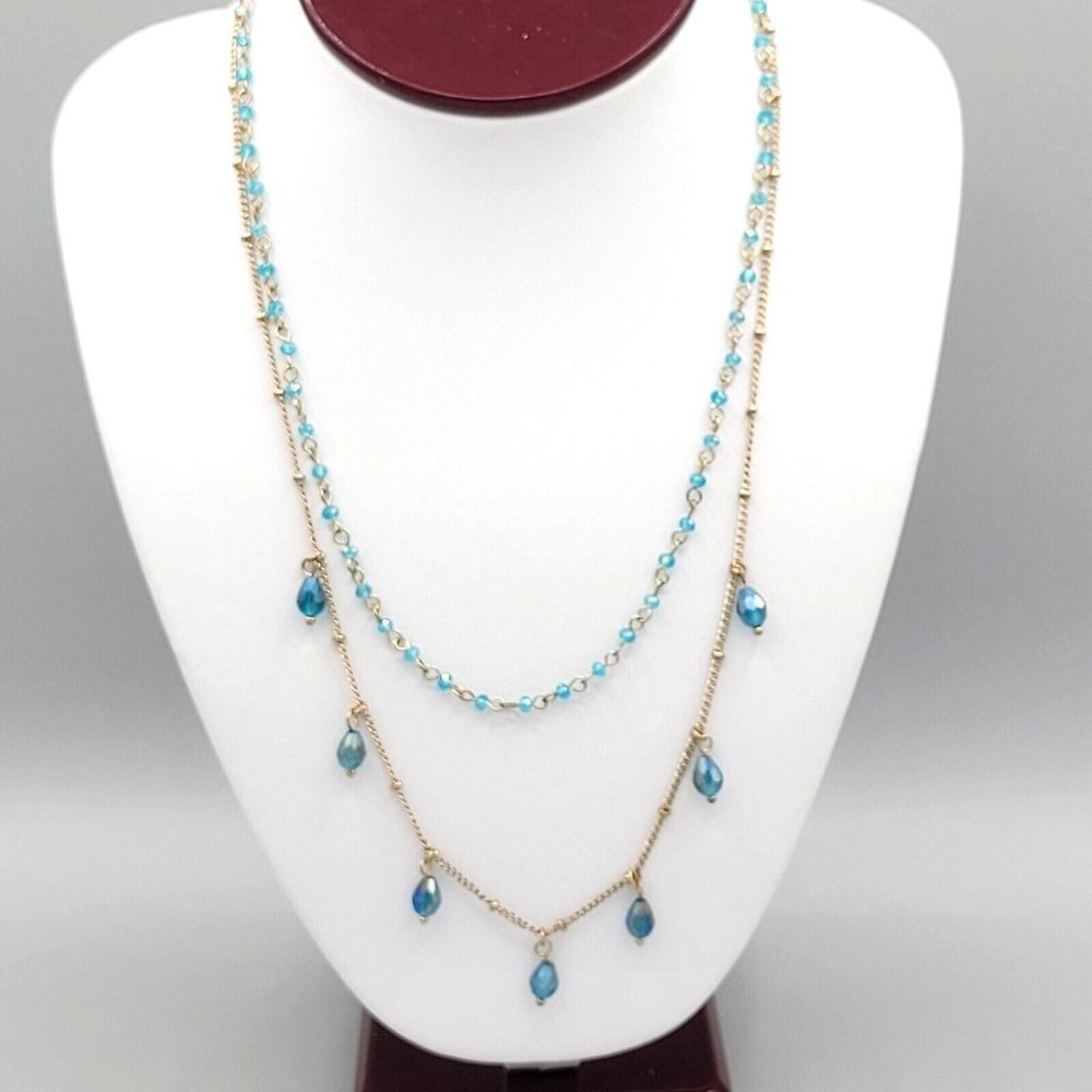 Womens Gold Tone Double Strand Layered Necklace Blue Charm Beads 17 in